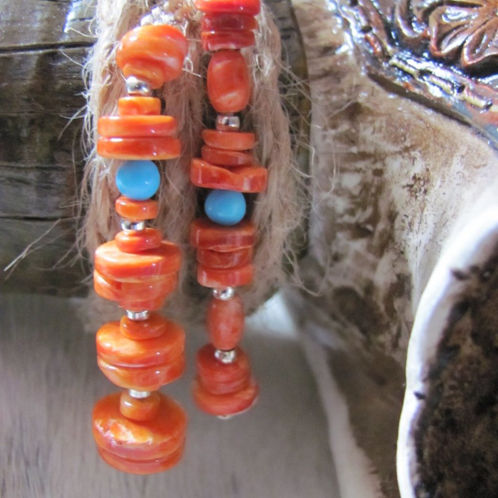 ZUNI HAND MADE SPINY  OYSTER & SLEEPING BEAUTY TURQUOISE EARRINGS - Picture 15 of 16